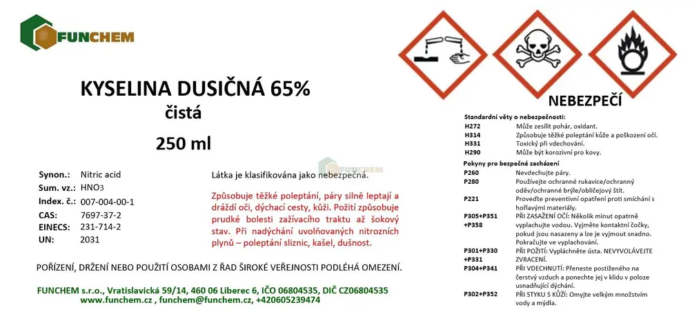 Kyselina dusičná 65% 250 ml OMEZENÍ