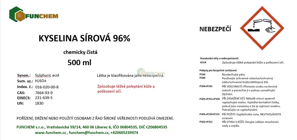 Kyselina sírová 96% 500 ml OMEZENÍ