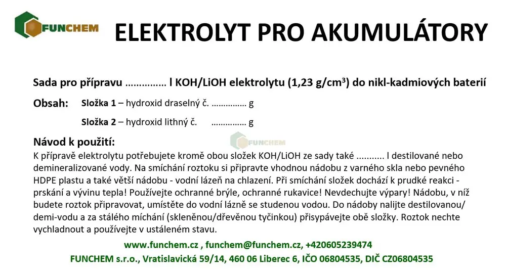 Elektrolyt do nikl-kadmiových baterií - aplikační sada pro výrobu 1000 ml elektrolytu